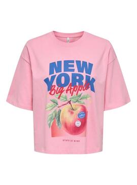 Camiseta Only Jossi Nova Iorque rosa para mulher.