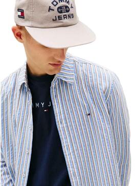 Camisa Tommy Jeans Seersucker listrada azul para homem.