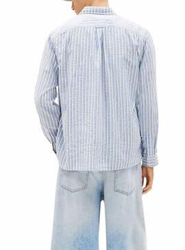 Camisa Tommy Jeans Seersucker listrada azul para homem.