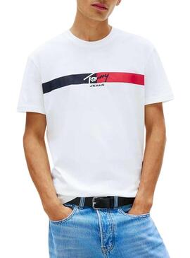 Camisa Tommy Jeans Signature Stripe branca para homem.