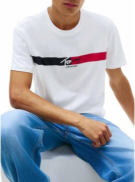 Camisa Tommy Jeans Signature Stripe branca para homem.