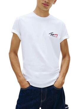 Camisa Tommy Jeans Sign Chest Slim branca para homem.