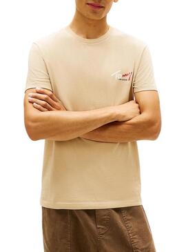 Camiseta Tommy Jeans Sign Chest Slim bege para homem.