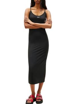 Vestido Tommy Jeans Silver Script preto midi para mulher.