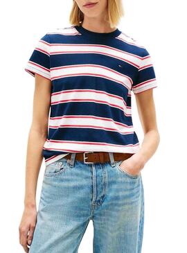 Camiseta Tommy Jeans listrada regular marinha para mulher