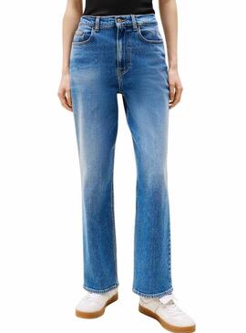 Calça jeans Tommy Jeans Layla slim azul médio para mulher.