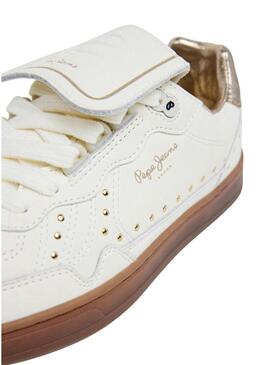 Sapatilhas Pepe Jeans Ball Studs em couro branco com tachas para mulher.