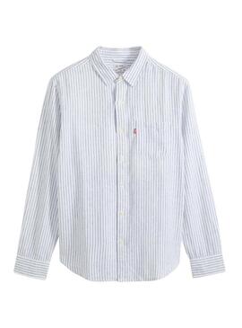 Camisa Levis Sunset Pocket listrada azul e branco para homem.