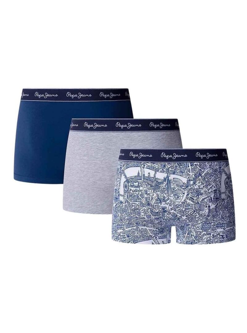Pack três cuecas Pepe Jeans Map azul e cinza para homem