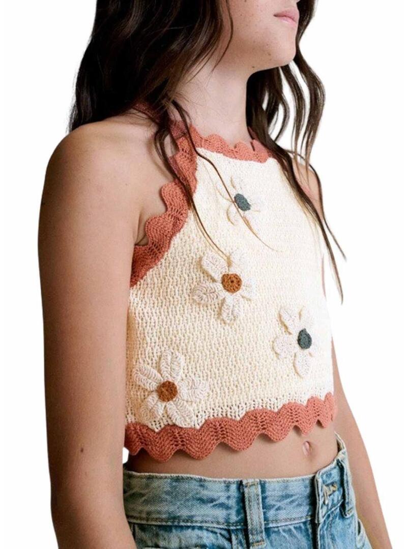 Top de malha com flores branco e coral para menina