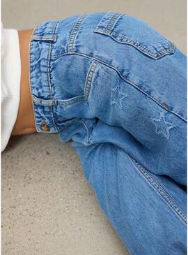 Calça jeans azul com estrelas da Mayoral para meninas.