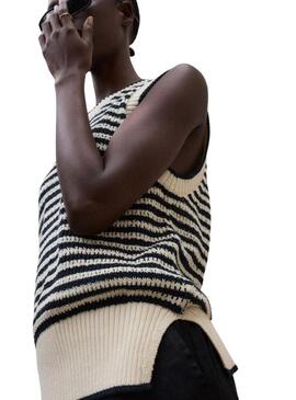 Camisola Ecoalf Tulip bege com estampa de riscas para mulher.