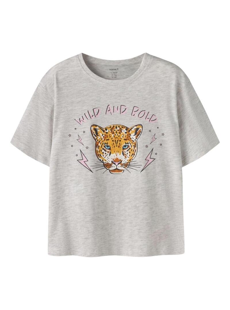 Camiseta Name It Benna com estampa de leopardo cinza claro para menina.
