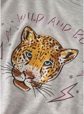 Camiseta Name It Benna com estampa de leopardo cinza claro para menina.