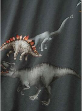 Camiseta Name It Bart estampada de dinossauros cinza antracite para menino.