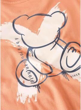 Camiseta Name It Byne oversize coral com estampa de urso para menino.
