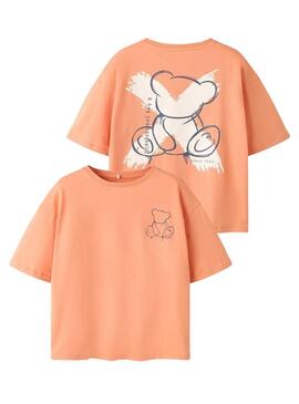 Camiseta Name It Byne oversize coral com estampa de urso para menino.
