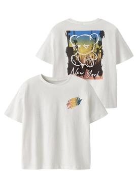 Camiseta Name It Byne branca oversize com estampa de urso para menino.