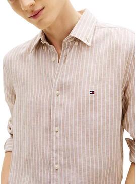 Camisa de linho Tommy Hilfiger listrada em linho Bengal em tons de bege para homem.