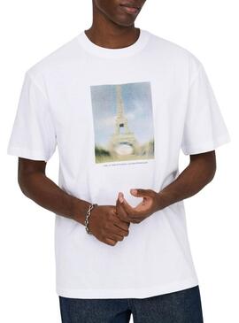 Camiseta Only and Sons Fred Eiffel branca para homem.