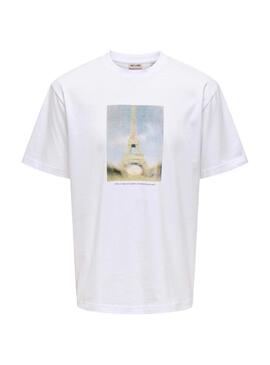 Camiseta Only and Sons Fred Eiffel branca para homem.