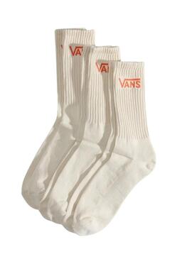 Pacote de 3 meias altas Vans Classic Crew em bege para homens e mulheres.
