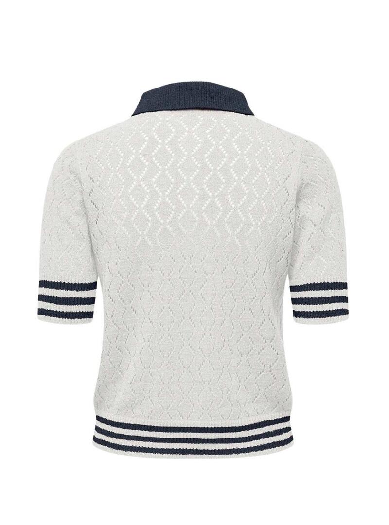 Camisa Polo Only Sunny branca e azul marinho para mulher.