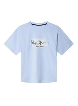 Camiseta Pepe Jeans Joshua logo azul céu para criança.