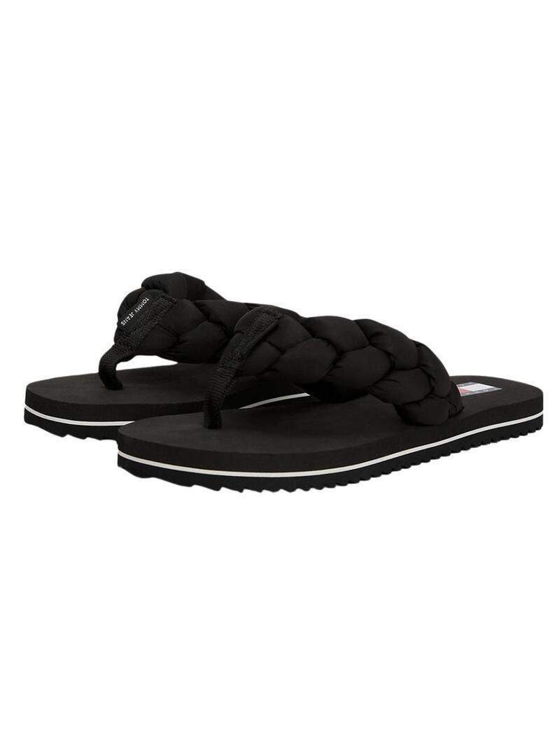Chinelos Tommy Jeans trançados pretos para mulheres