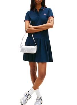 Vestido Tommy Jeans de piqué plissado azul para mulher.