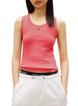 Camiseta Tommy Jeans Essential Rib coral para mulher