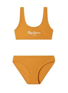 Biquíni Pepe Jeans com logo estampado em laranja para menina.