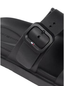 Sandálias Tommy Hilfiger Light de duas tiras pretas para mulher.