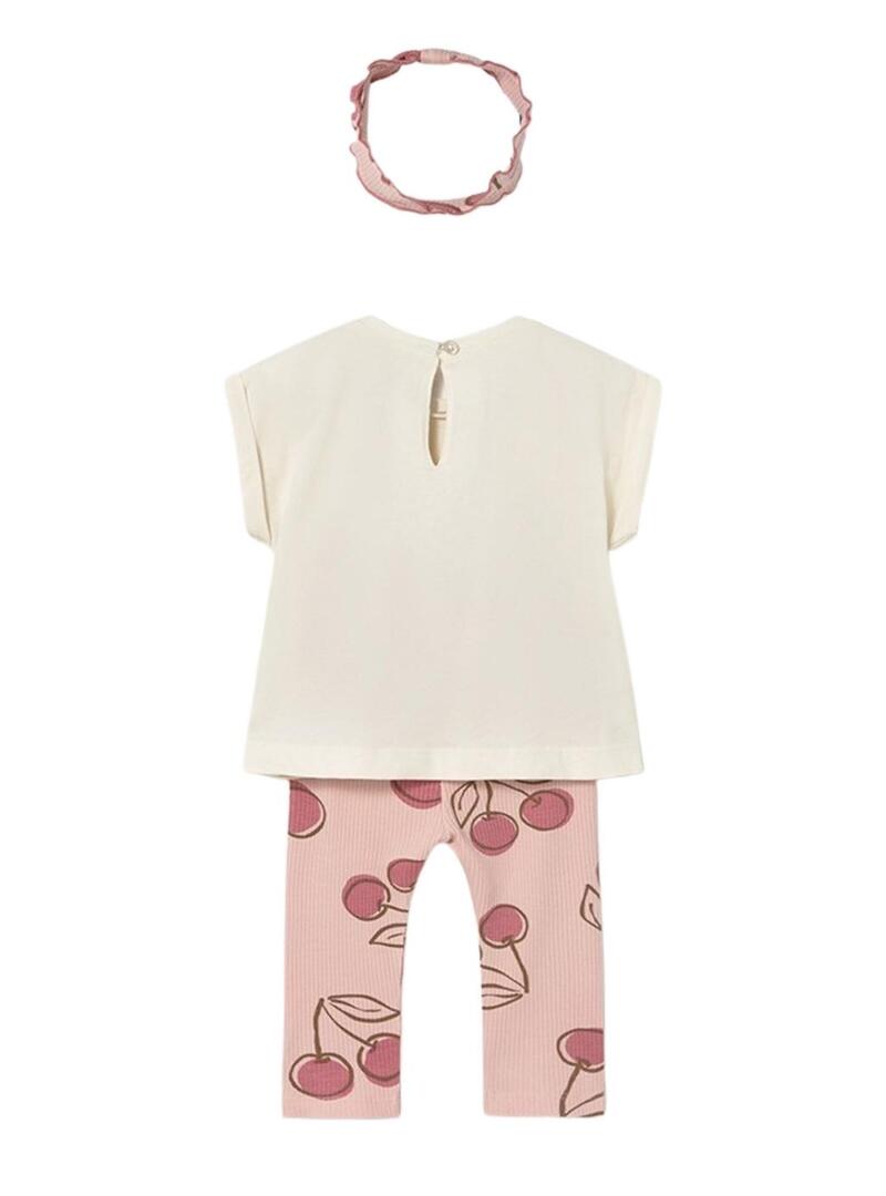 Conjunto bebê camiseta, legging e tiara de cerejas rosa para menina