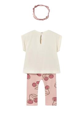Conjunto bebê camiseta, legging e tiara de cerejas rosa para menina