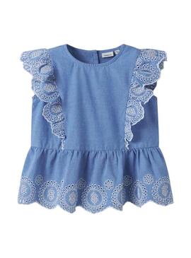 Top Nome It Ferma Mini bordado inglês azul para menina