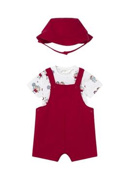 Conjunto Mayoral macacão vermelho com camiseta estampada e gorro para bebê.