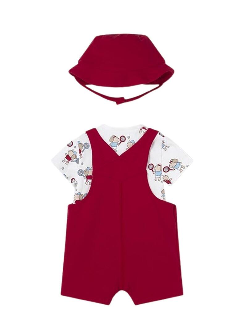Conjunto Mayoral macacão vermelho com camiseta estampada e gorro para bebê.