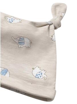 Conjunto macacão e gorro Mayoral estampado elefantes arena para bebê.