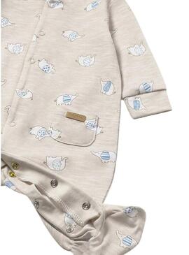 Conjunto macacão e gorro Mayoral estampado elefantes arena para bebê.