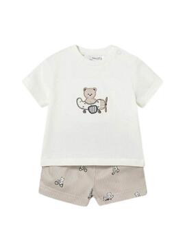 Conjunto Mayoral camiseta com urso e bermuda de listras bege para bebê.
