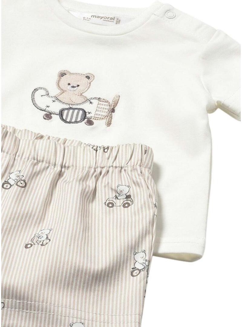 Conjunto Mayoral camiseta com urso e bermuda de listras bege para bebê.