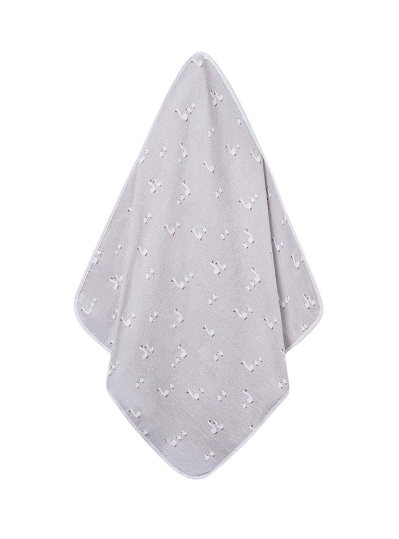 Roupa de banho Mayoral com capuz e estampa de patinhos cinza pérola para bebê.