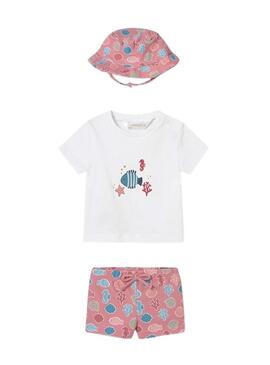 Conjunto Mayoral peixe branco e coral com gorro para bebê