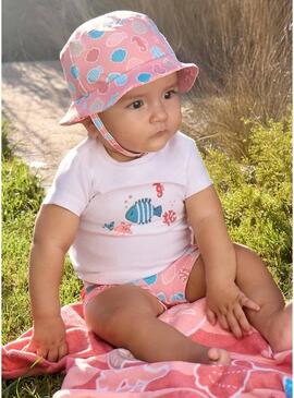 Conjunto Mayoral peixe branco e coral com gorro para bebê