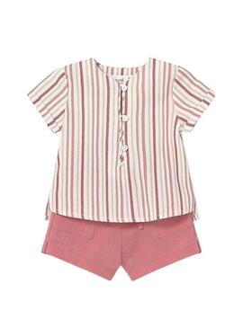 Conjunto Mayoral blusa listrada e short rosa para bebê