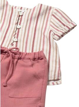 Conjunto Mayoral blusa listrada e short rosa para bebê