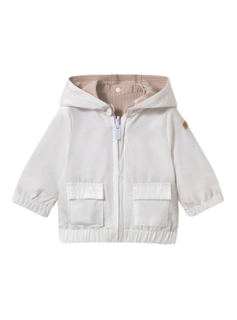 Jaqueta Mayoral às riscas bege com capuz para bebê.