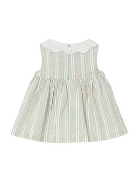 Vestido Mayoral de rayas verde água e bege para bebê.
