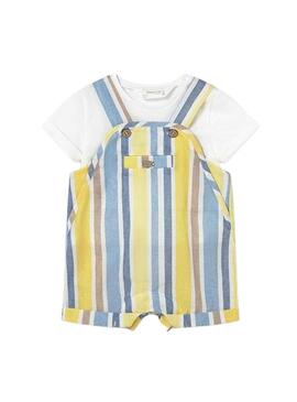 Conjunto Mayoral macacão curto listrado amarelo e azul para bebê